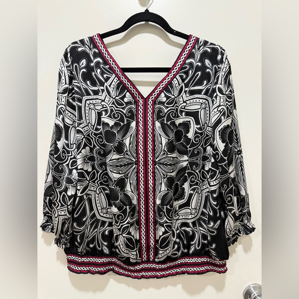 White House Black Market Black and White Floral Blouse with Red Trim, Size 14